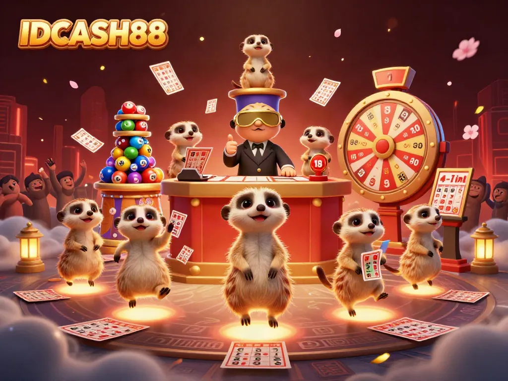 IDCASH88 lottery meerkats operating a vibrant bingo game, showcasing festive elements and dynamic action.