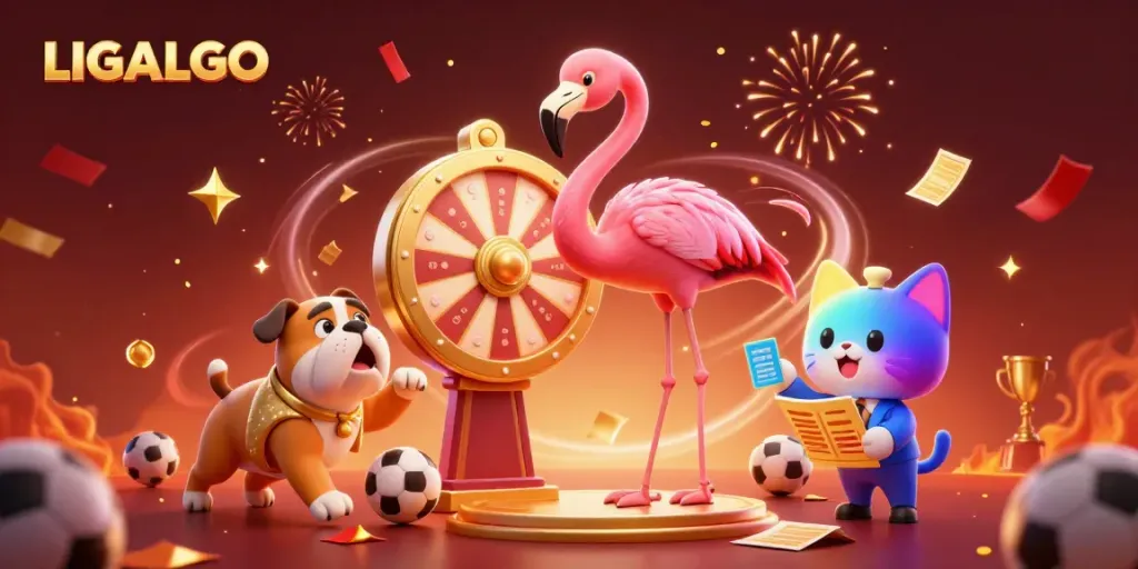 Engage in thrilling sports betting with LIGALGO's exciting prize show, showcasing vibrant characters and dynamic elements.