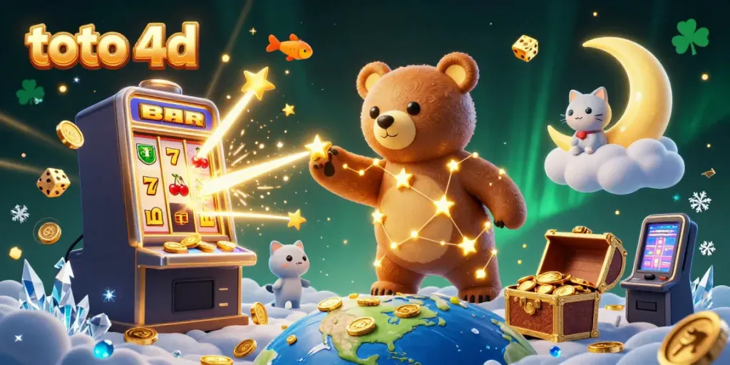 Experience the thrill of toto 4d with a vibrant casino-themed illustration featuring a constellation bear and jackpot symbols.