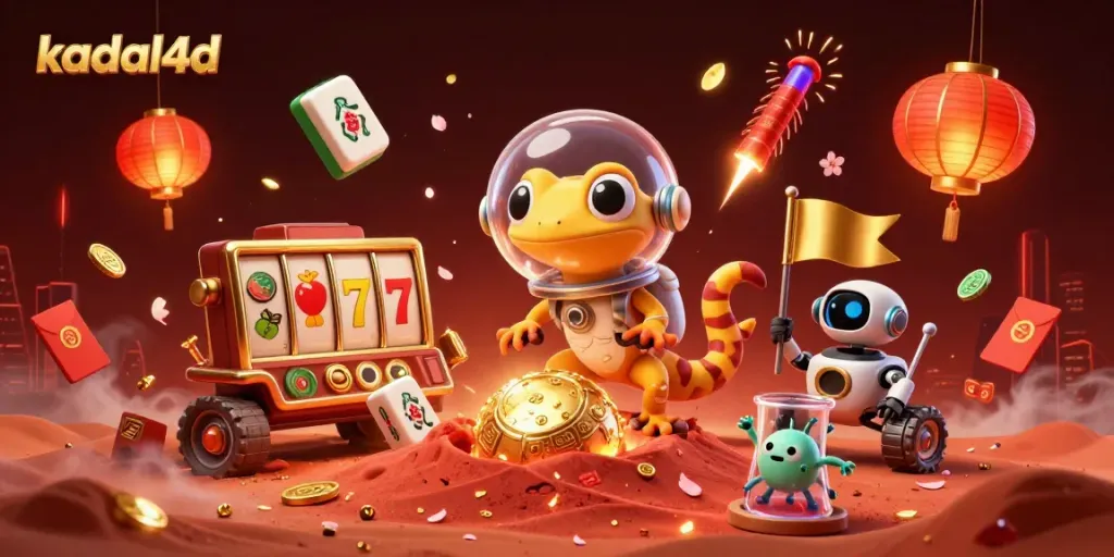 Kadal4d introduces a Martian gecko discovering a golden casino, showcasing vibrant gambling elements and rich visuals.
