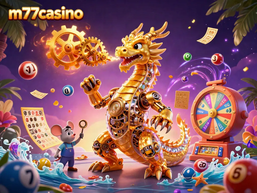 Visualisasi kasino m77casino dengan naga emas dan elemen permainan lotere berwarna-warni.