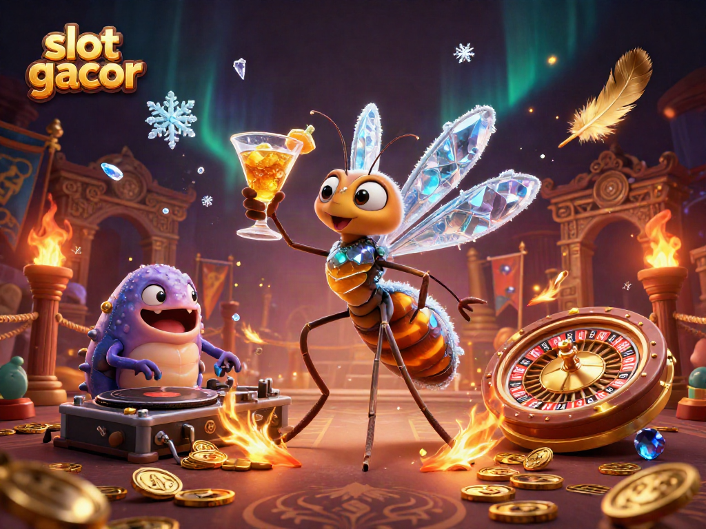 Slot gacor menampilkan karakter kartun kasino 3D dan elemen permainan yang memukau.