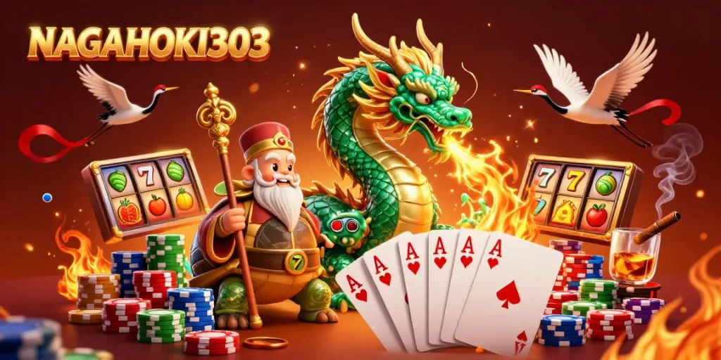 NAGAHOKI303 showcases a vibrant scene featuring a jade dragon and lucky elements from online slots.