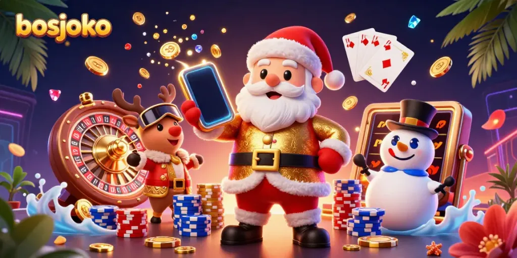 Join bosjoko's vibrant casino scene featuring Santa, a reindeer dealer, and a poker chip snowman.
