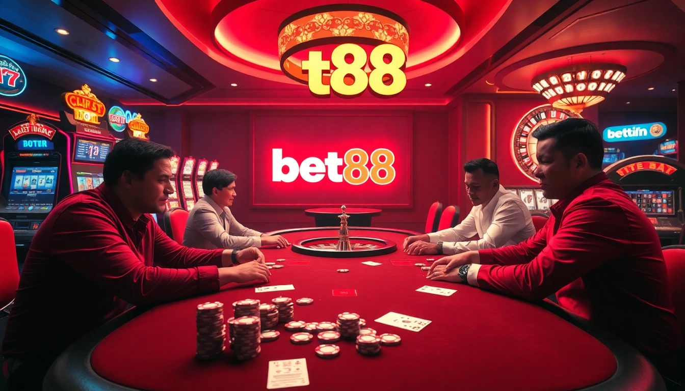 Players enjoying high-stakes poker at Bet88 casino, surrounded by vibrant slots and roulette.