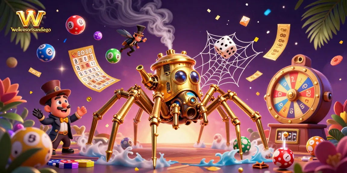 Engage with luck at welkresortsandiego, featuring a steampunk spider, colorful lottery elements, and vibrant gaming atmosphere.