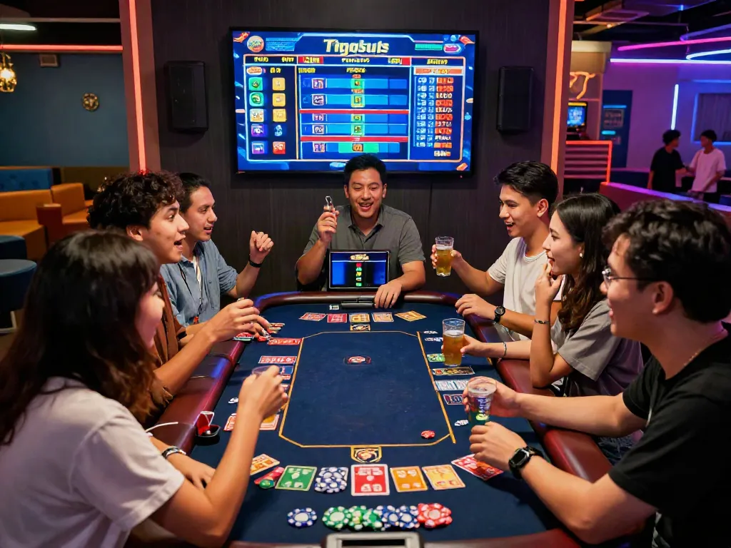 Group of friends enjoying unsurtoto in a modern gaming room with vibrant decor.