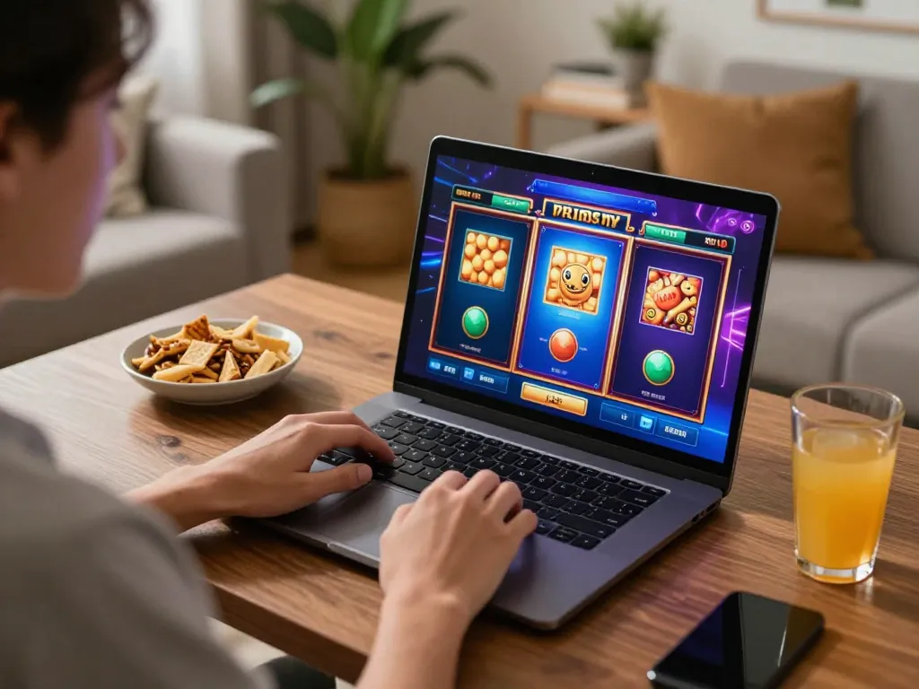 Engaged player spinning slot reels on a laptop in a cozy gaming setup.
