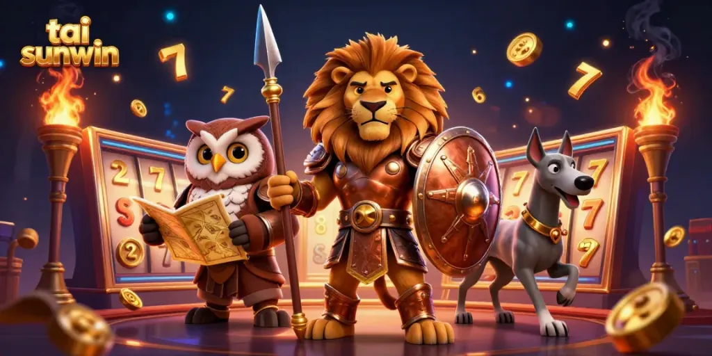 Join the excitement at tai sunwin with a vibrant scene featuring a lion warrior and an owl strategist amidst swirling slot reels and golden jackpots.