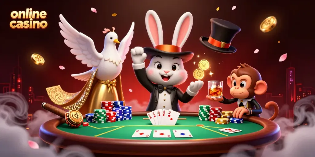 Play engaging online casino games with a magician rabbit, dove, and monkey amidst vibrant gambling elements.