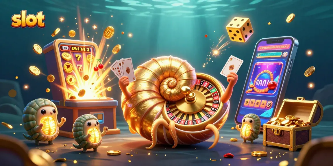Spin the slot machine with excitement in this vibrant casino scene featuring a giant nautilus and golden treasures.