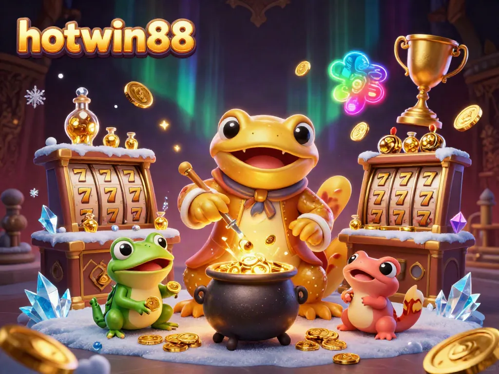 Experience the excitement of hotwin88 with a delightful illustration showcasing a vibrant alchemist transmuting gold coins amidst a dynamic casino setting.