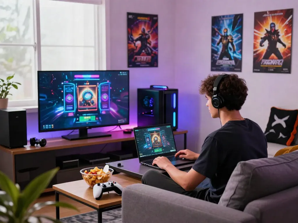 Engaging user experience with slot 4d gaming setup in a cozy living room using a laptop and vibrant LED lights.
