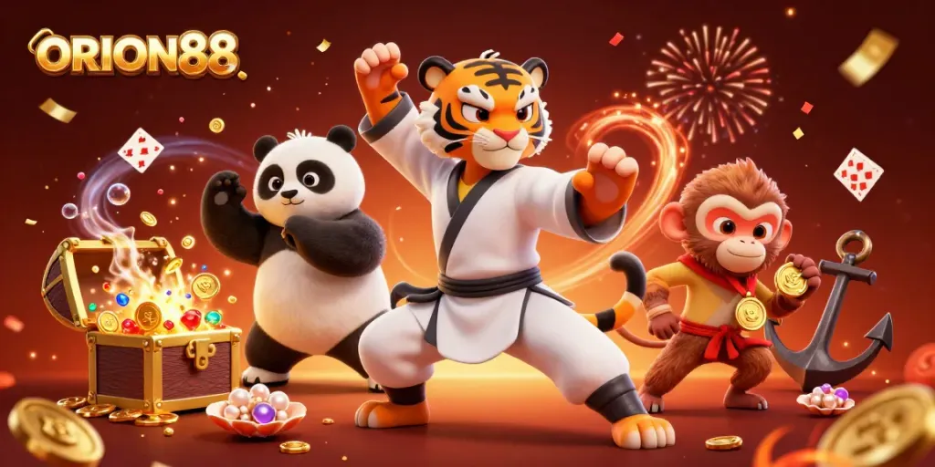 Engage with ORION88 gaming excitement as tiger and panda masters perform dynamic stances amidst celebratory confetti.