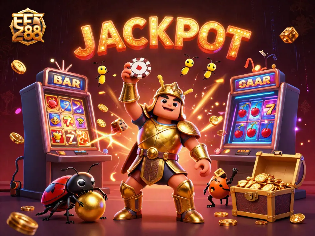 EE88 boasts a vibrant 3D cartoon scene celebrating jackpots with a herculean beetle and golden treasures.