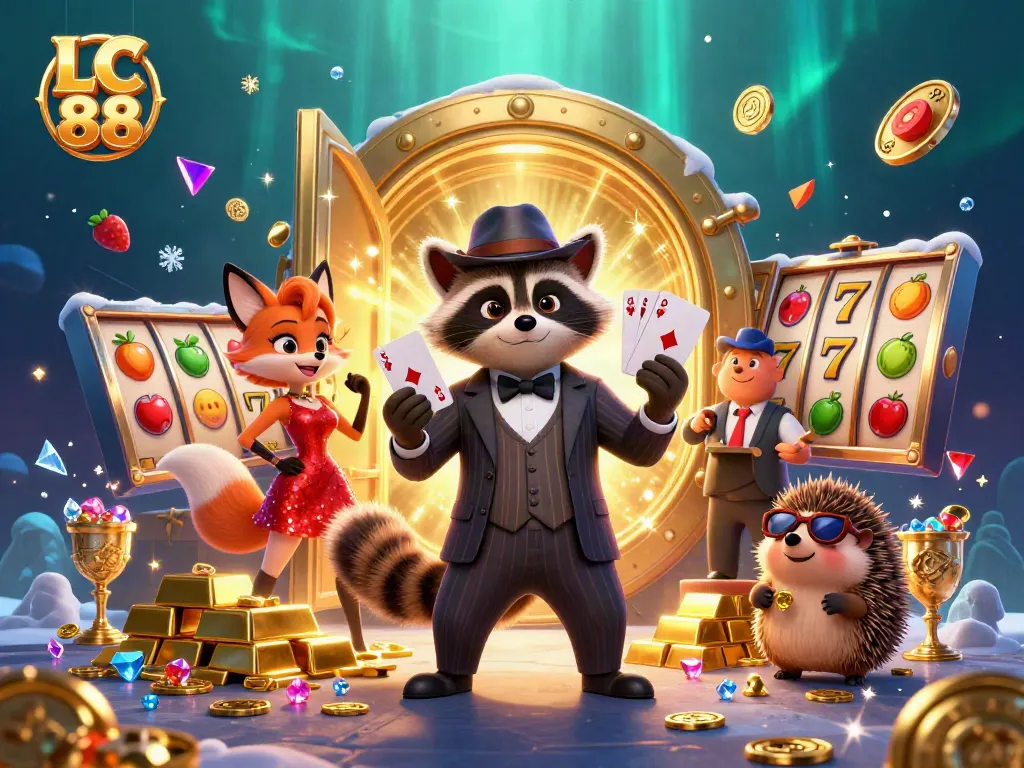 Spin to win with LC 88 featuring a raccoon and fox in a vibrant casino scene.