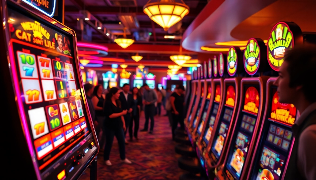 Permainan kasino dengan pemain bersemangat mencoba yumetoto di mesin slot yang berwarna-warni.