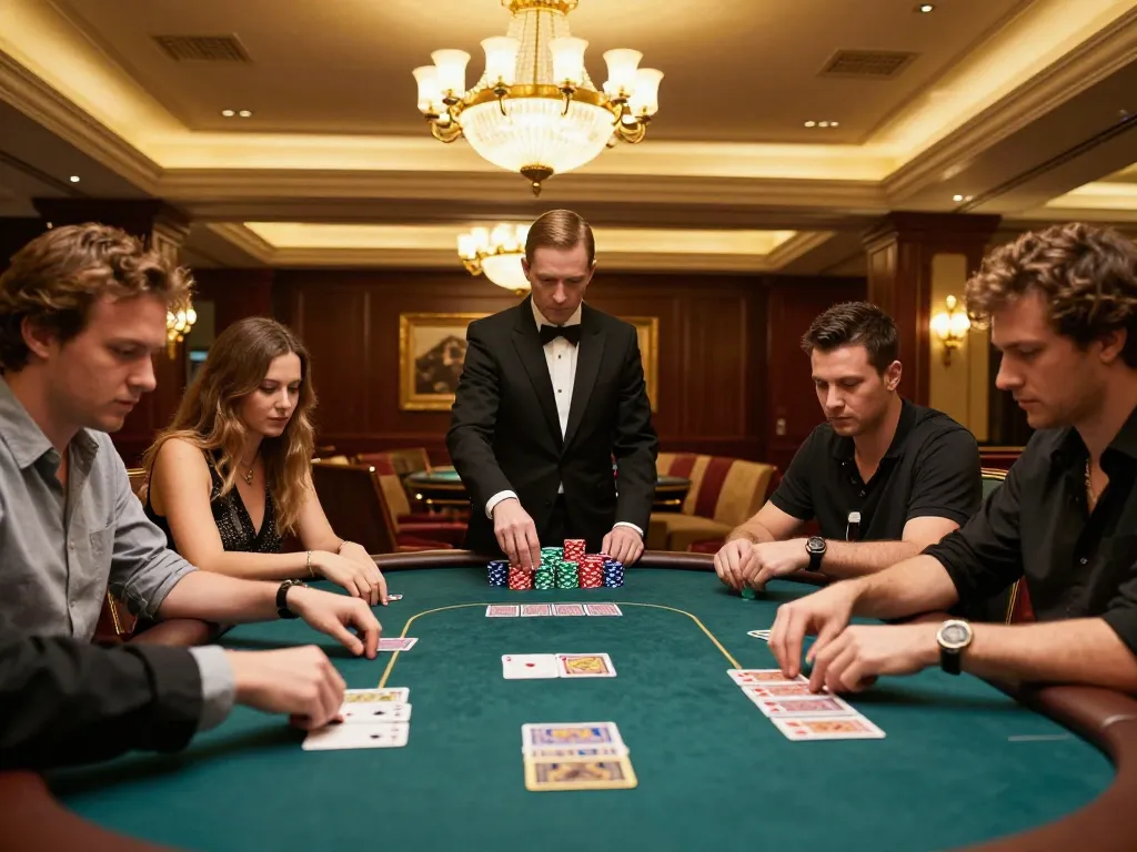 Các người chơi poker câu lạc bộ Hit đang chiến lược các bước đi của họ trong một sòng bài cao cấp.