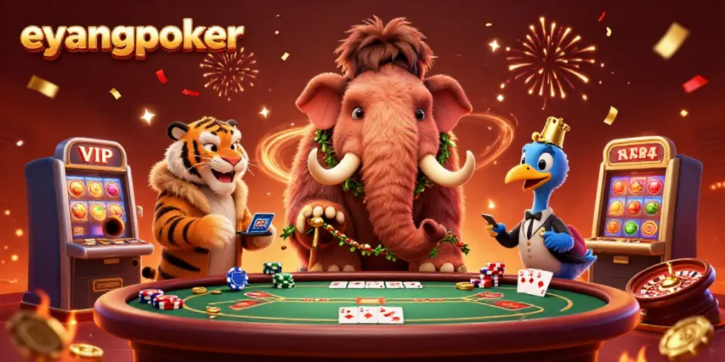 Menangkan di Eyangpoker dengan bouncer mamut dan tamu VIP dalam adegan kasino yang meriah.