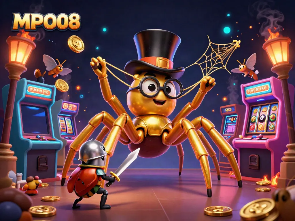 MPO08 showcases a golden tarantula and beetle knight in a vibrant casino scene armed with jackpot themes.