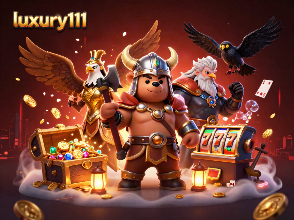 Experience luxury111 in a vibrant 3D casino scene with a Viking bear, Valkyrie eagle, and dynamic gaming elements.
