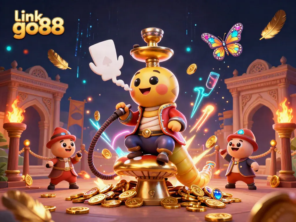 Engage with link go88 in an imaginative casino scene featuring a sultan caterpillar master amidst dynamic gaming elements.