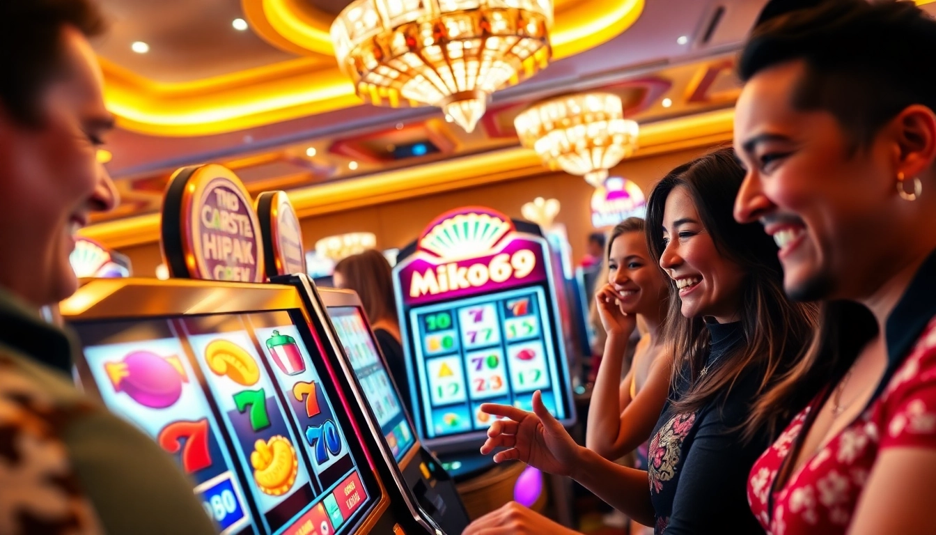 Miko69 slot machine menarik perhatian pemain di kasino yang ramai.