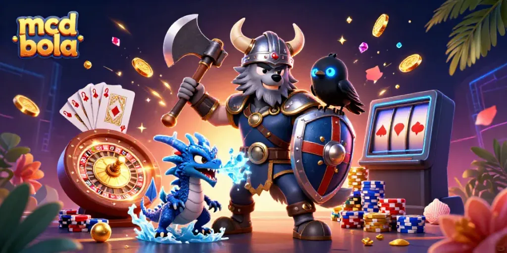 Menggenggam kemenangan dengan mcd bola, karakter kartun Viking bersenjatakan kapak dengan naga dan burung gagak siap bertarung.