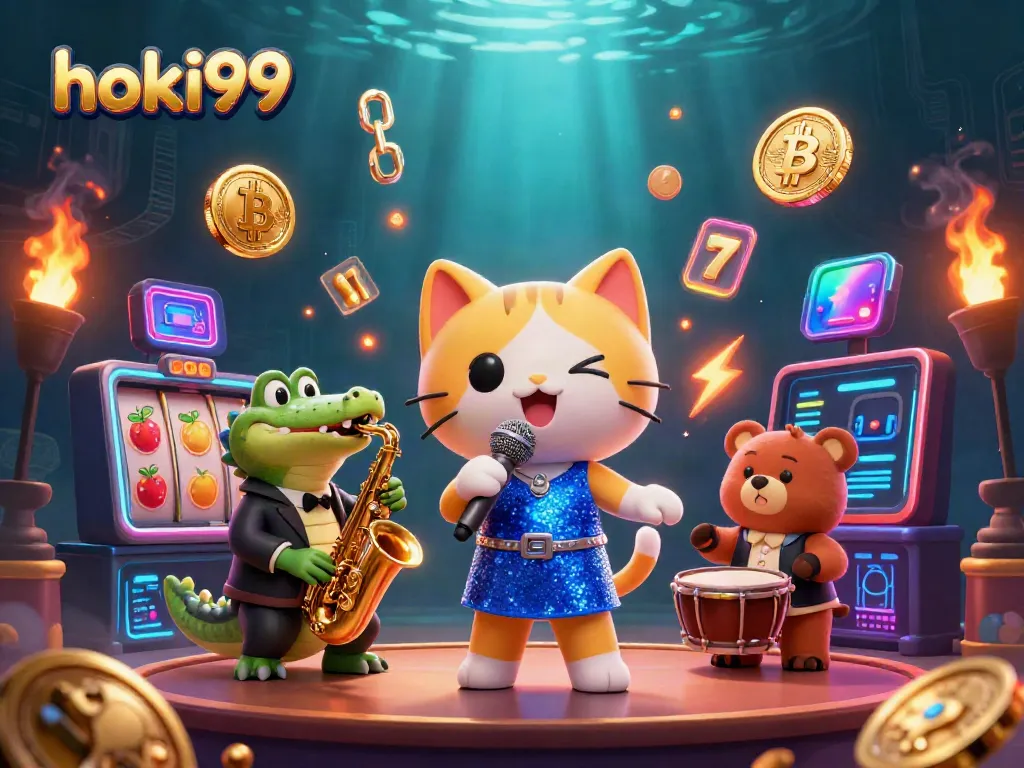 Visualisasi menarik tentang hoki99 dengan elemen slot dan karakter kartun di panggung kasino.