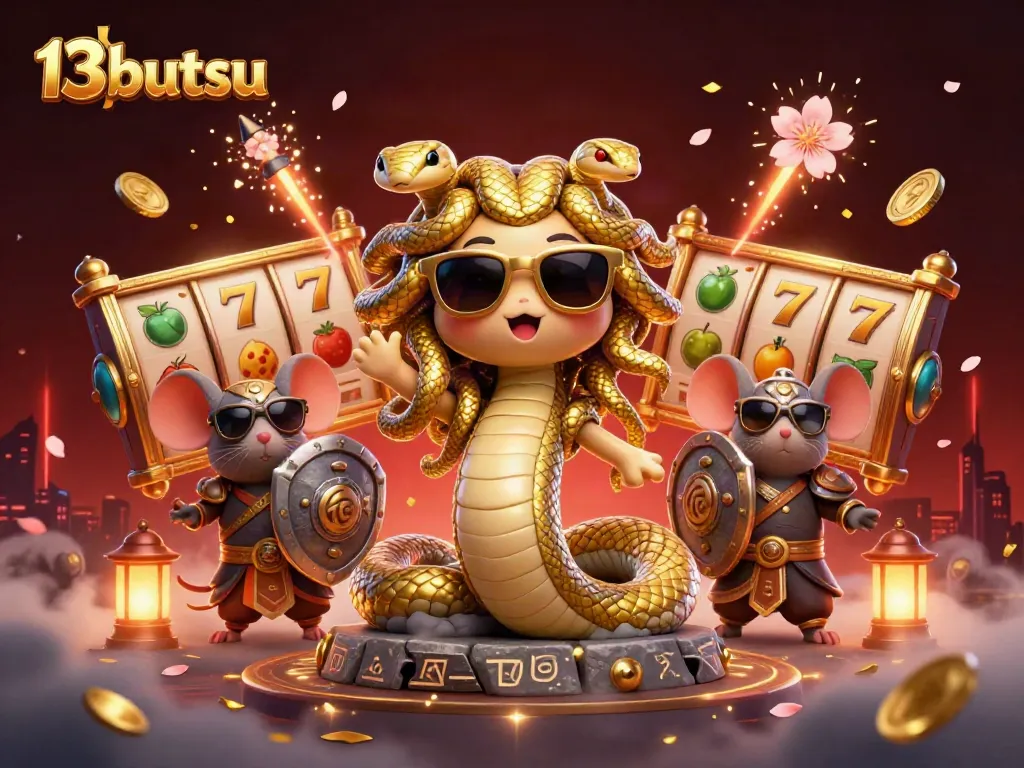 Engage in 13butsu slots with Medusa and warrior mouse in a captivating casino scene.