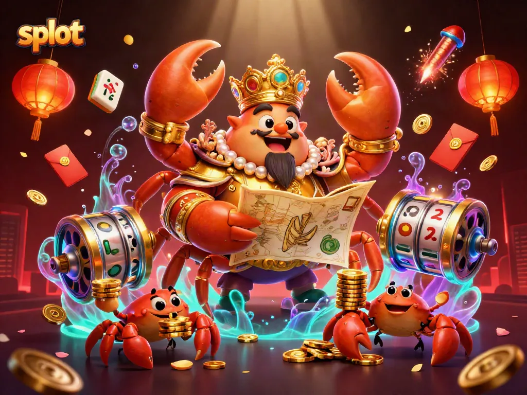 Spin the slot reels with the golden crab emperor in a vibrant casino scene filled with treasures.