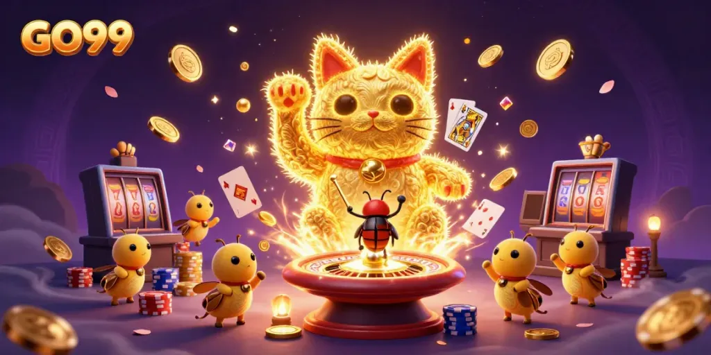 Engage with dynamic GO99 casino fun featured in this vibrant illustration packed with luck and winnings.
