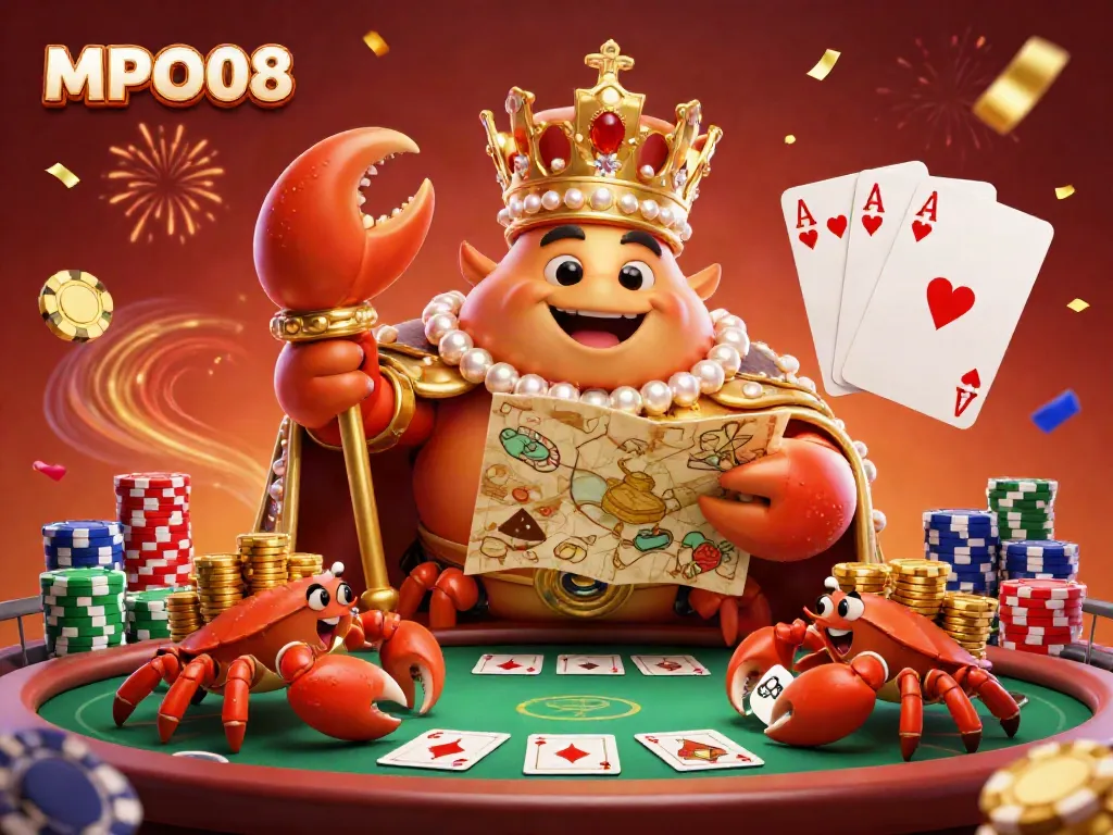 Engage with MPO08’s golden crab emperor at a thrilling poker game with colorful chips and luxurious decorations.