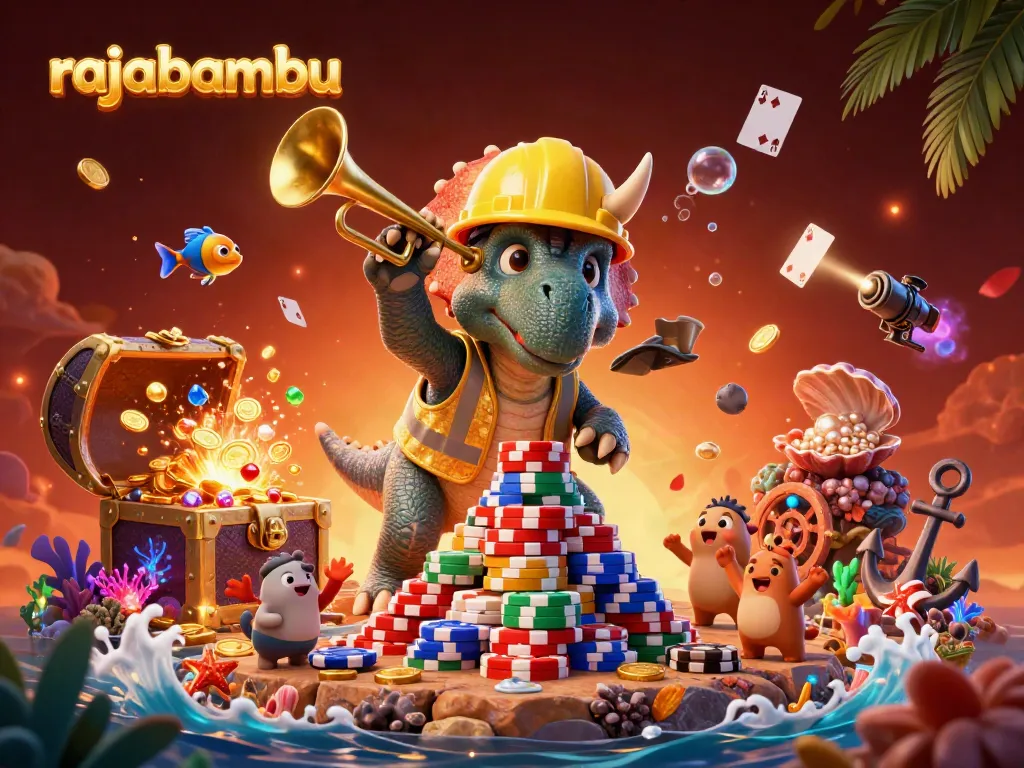 Menggambling di rajabambu dengan pemain ceria membangun tumpukan chip poker dari emas dan kejutan harta karun