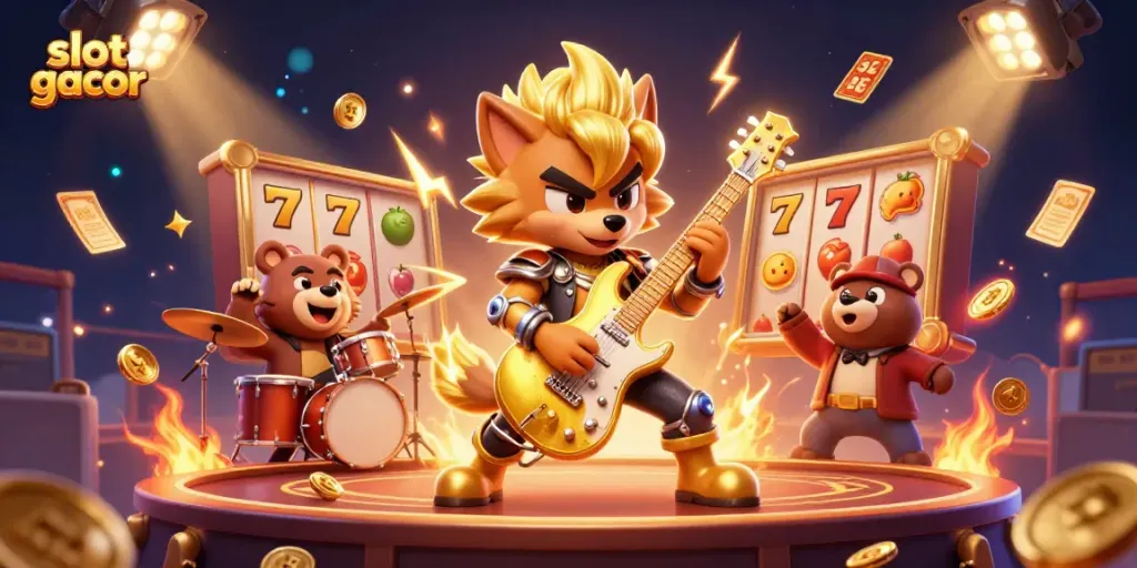 Slot gacor menampilkan karakter kartun di kasino dengan simbol slot berkilau dan elemen dinamis lainnya.