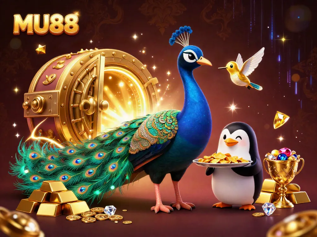 Experience the excitement of MU88 with a vibrant 3D illustration showcasing colorful characters and treasures.