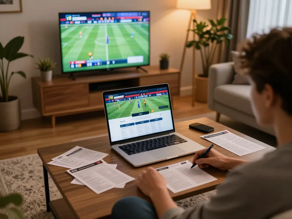 Engaging in F8 bet online sports betting in a cozy living room setup, with laptop and TV displaying sports.