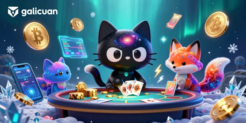 Saksikan galicuan menarik chip emas di meja kasino kosmik dengan kucing hitam berujung lubang hitam.