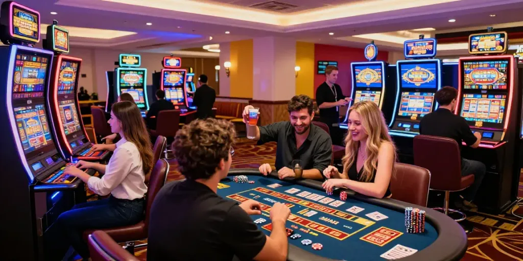 Suasana kasino Kingliga dengan pemain slot dan meja judi yang merayakan kemenangan.