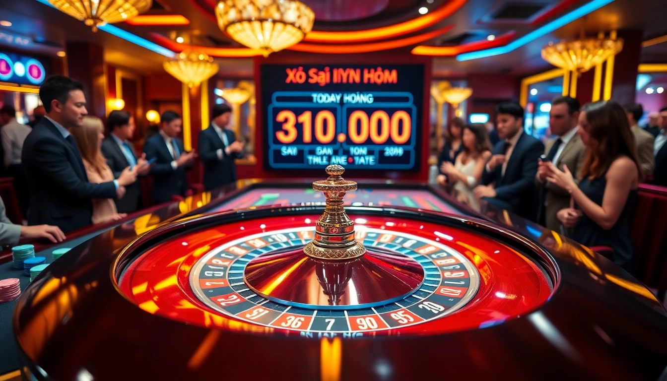 Xổ số 3 miền hôm nay results displayed on a roulette table amidst a lively casino atmosphere.