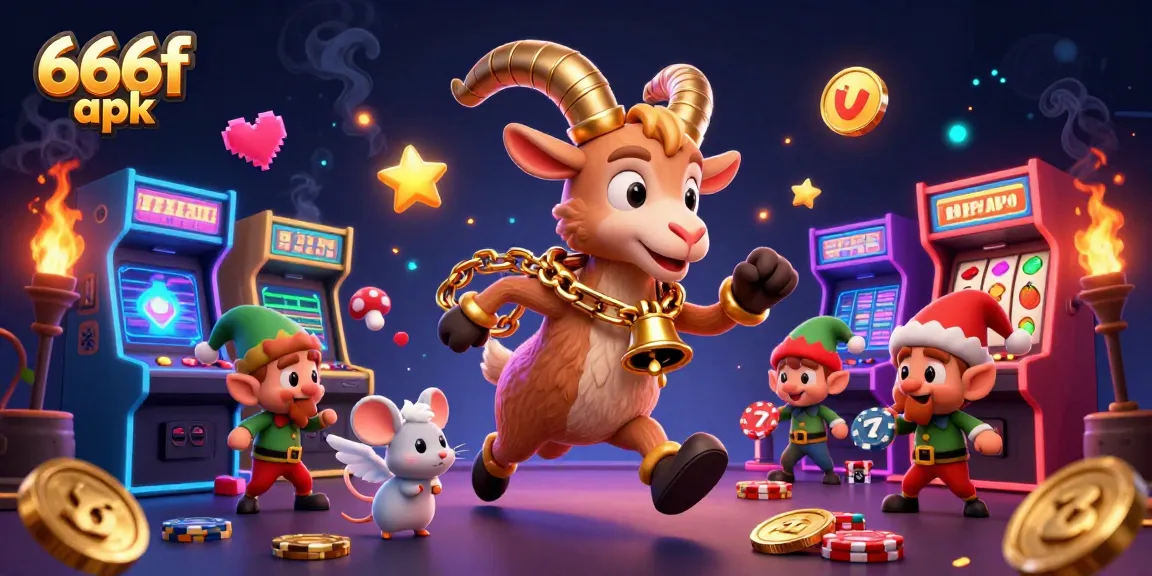 The 666f apk illustration shows a whimsical casino scene with Krampus, an angel mouse, and mischievous elf gremlins.