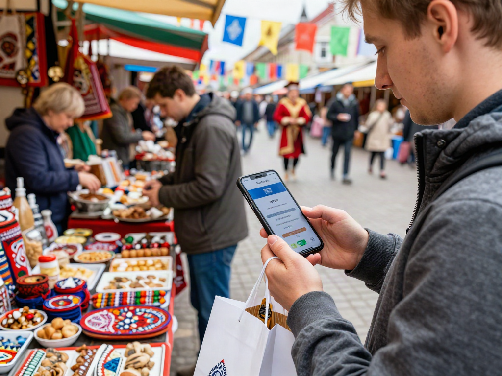 Menggunakan aplikasi https://payinrussia.com/ untuk berbelanja di pasar budaya Rusia.