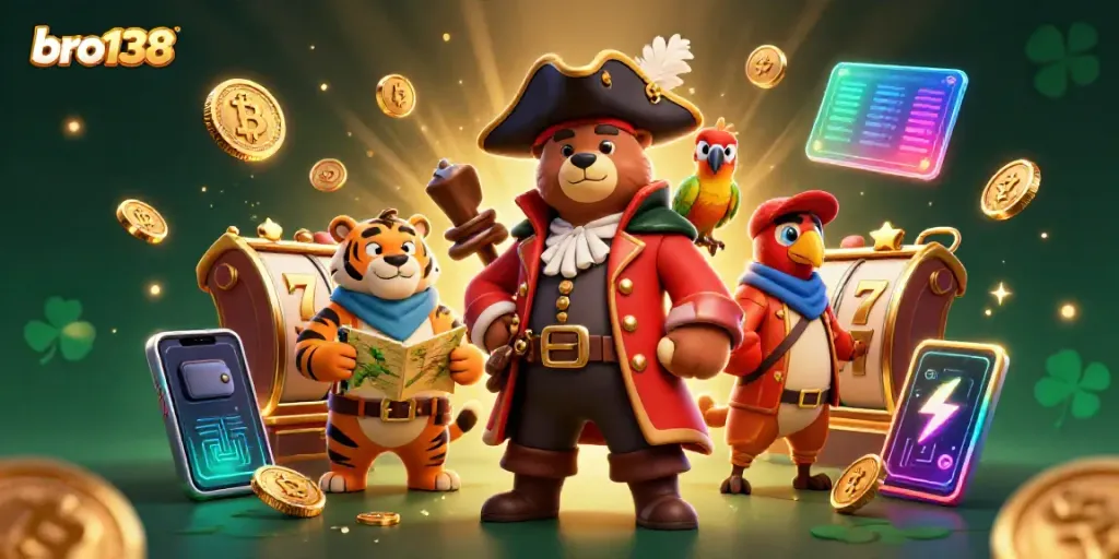 Spin to win at bro138 with a colorful pirate-themed casino adventure illustration filled with jackpots.