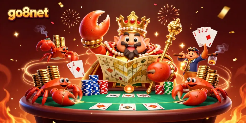 Engage in thrilling games at go8net with a vibrant 3D illustration of a golden crab emperor and poker elements.