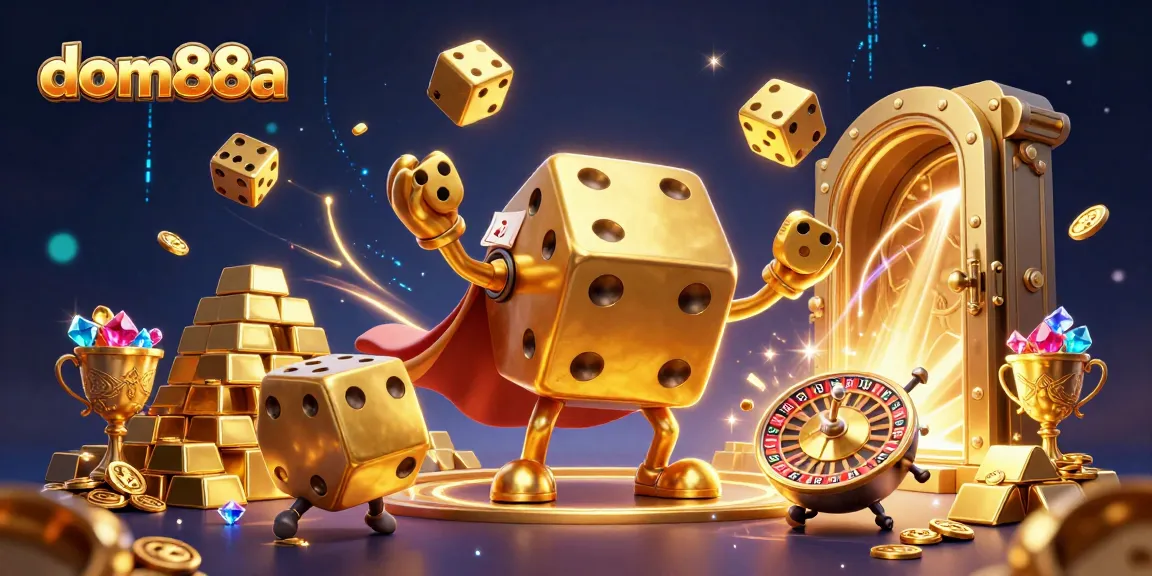 Engage with dom88a's dazzling casino experience featuring a golden dice golem juggling, in a rich treasure scene.