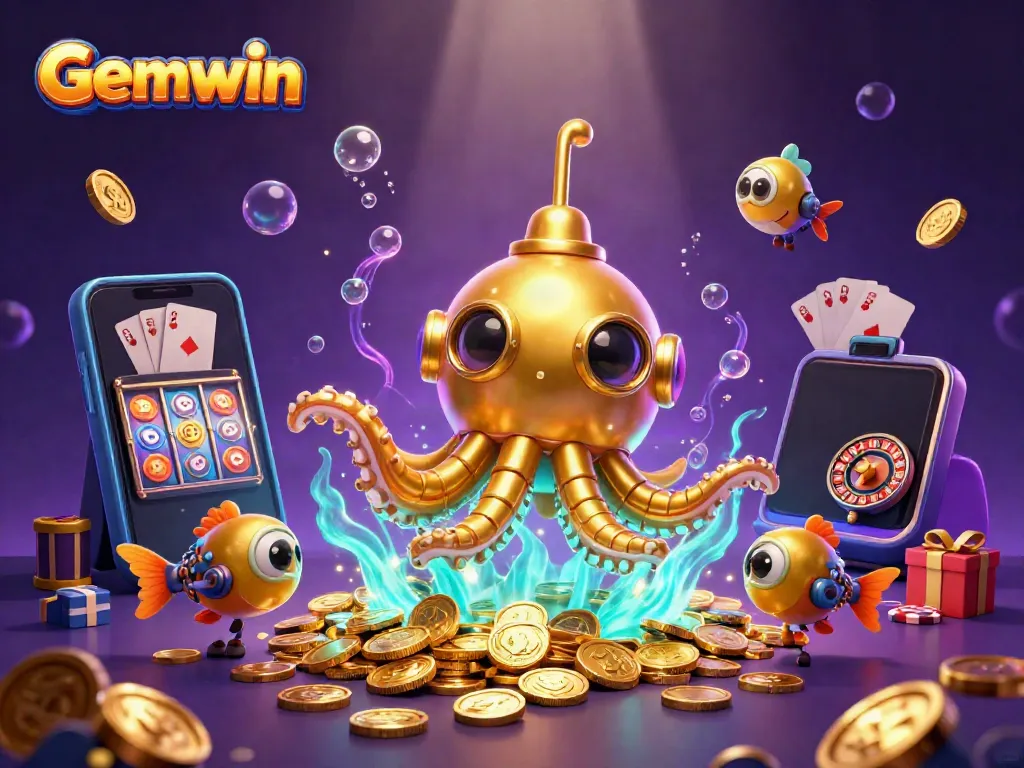 Experience exhilarating Gemwin casino fun with a golden kraken submarine amid a sea of coins and vibrant slots.