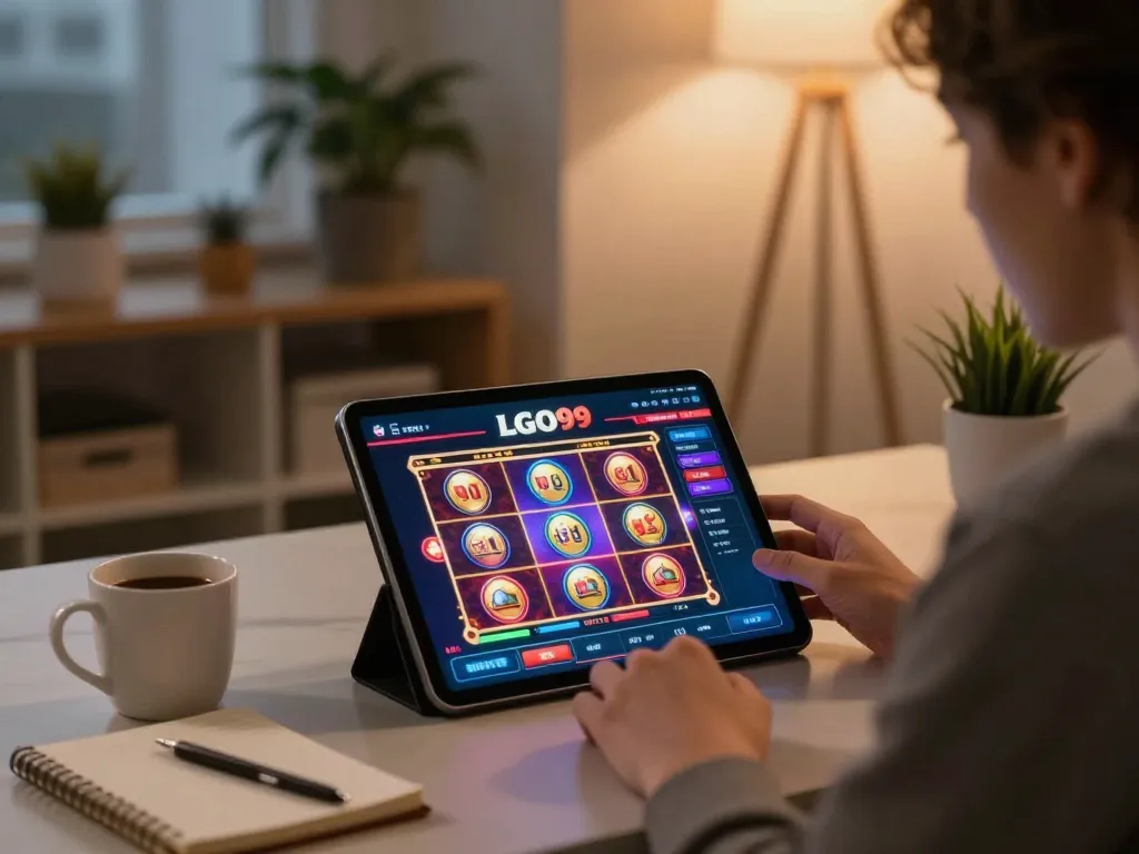 Pemain LGO99 terlibat dengan permainan slot online yang cerah di tablet di ruang kerja rumah yang nyaman.