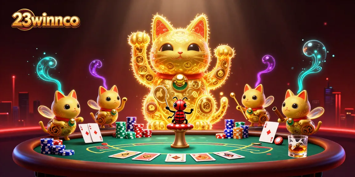 Experience thrilling wins at 23winnco with a vibrant depiction of a lucky cat and gaming action.