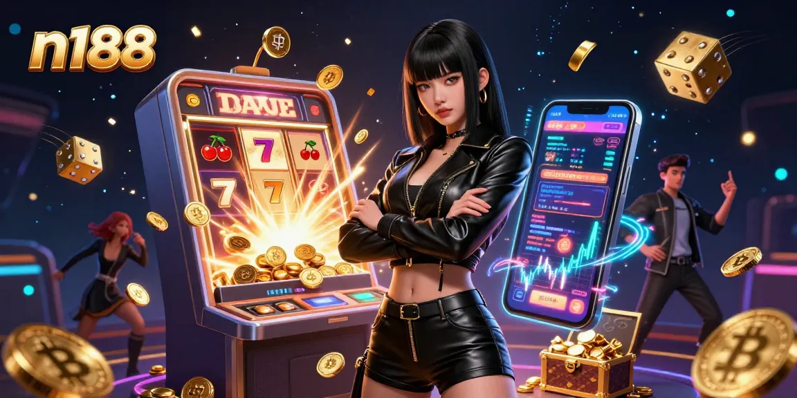 Experience the excitement at n188, where the stunning Asian woman and dynamic casino elements create a thrilling gaming atmosphere.