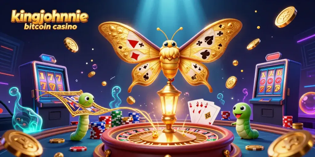 Experience the excitement at kingjohnnie bitcoin casino with vibrant 3D visuals of gaming elements.